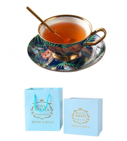 Creative Leopard Ceramic Coffee Cups, 6.8 oz Tea Cup and Saucer in Gift Box as Birthday Gift, Beautiful British Tea Cups, Creative Porcelain Tea Cup Set-Silvia Home Craft