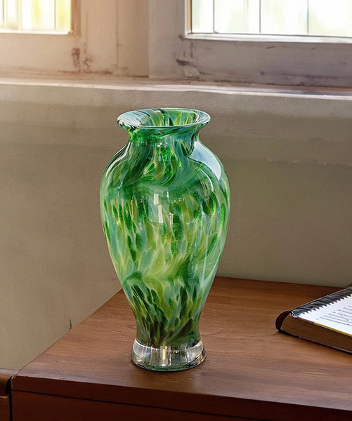 Large Green Glass Flower Vases, Modern Glass Flower Vases, Water Holding Flower Vases, Handmade Flower Vases on Table-Silvia Home Craft