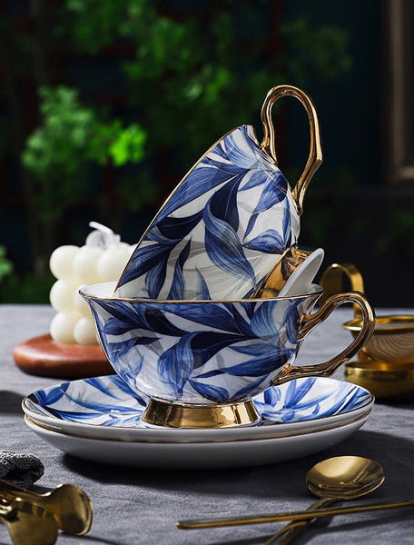 Unique British Tea Cup and Saucer in Gift Box, Blue Porcelain Tea Cup Saucer Set, 7.4 oz British Ceramic Coffee Cups-Silvia Home Craft