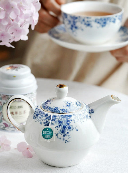 British Style Porcelain Teapot with Matching Cup and Saucer in Gift Box, Ceramic Tea Pot with Integrated Cup, Stackable Teapot and Cup Set, Mother-and-Baby Teapot with Matching Saucer-Silvia Home Craft