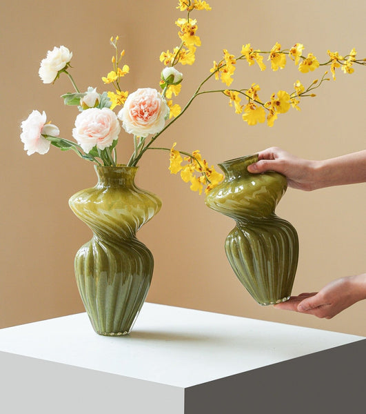 Unique Decorative Glass Vase, Centerpiece Vases on Table, Handmade Contemporary Glass Vases, Modern Green Vases for Living Room, Mid Century Vases for Flowers-Silvia Home Craft