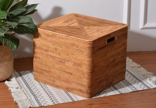 Square Storage Basket with Lid, Extra Large Storage Baskets for Clothes, Rattan Storage Basket for Shelves, Oversized Storage Baskets for Kitchen-Silvia Home Craft