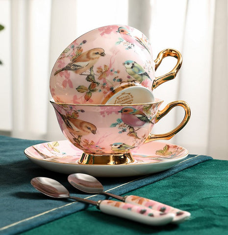 Unique Tea Cup and Saucer in Gift Box, Lovely Birds Ceramic Cups, Elegant Ceramic Coffee Cups, Afternoon Bone China Porcelain Tea Cup Set-Silvia Home Craft
