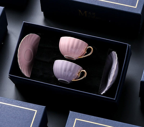 French Style Tea Cup and Saucer in Gift Box as Birthday Gift, Elegant Macaroon Ceramic Coffee Cups, Porcelain Tea Cup Saucer Set of 2 Cups, Beautiful British Tea Cups-Silvia Home Craft