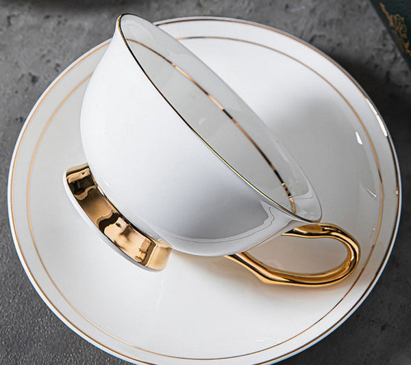 White Ceramic Cups, Elegant British Ceramic Coffee Cups, 7.8 oz Porcelain Tea Cup Saucer Set, Unique Tea Cup and Saucer in Gift Box-Silvia Home Craft