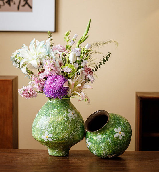 Modern Pottery Flower Vases, Centerpiece on Dining Table, Handmade Water Holding Flower Vases, Pottery Bud Vases, Large Green Flower Vases on Table-Silvia Home Craft