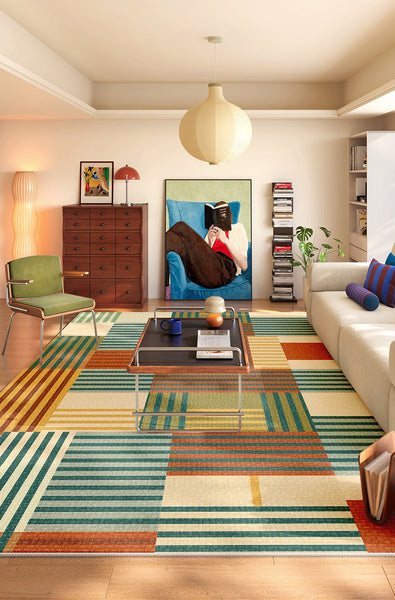 Geometric Rugs for Bedroom, Modern Living Room Rug Placement Ideas, Colorful Contemporary Carpets for Apartment, Modern Rugs for Small Space-Silvia Home Craft