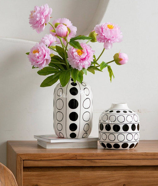 Small Flower Vases on Table, Ceramic Bud Vases, Black and White Polka Dot Flower Vase, Modern Porcelain Flower Vases, Handmade Water Holding Flower Vases-Silvia Home Craft