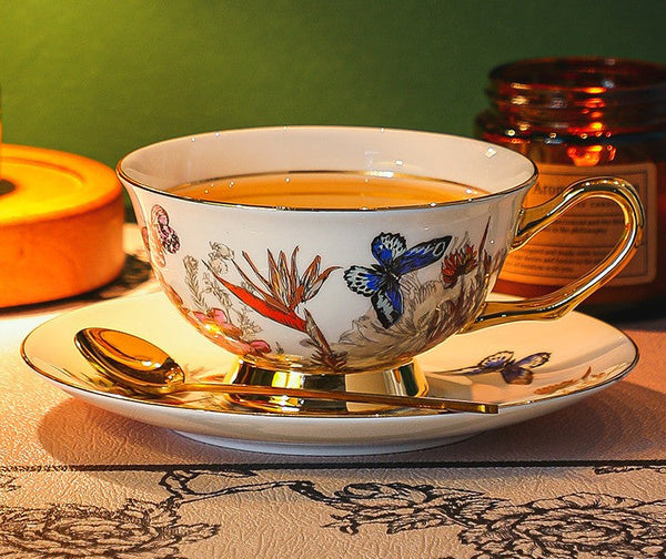 British Traditional Afternoon Tea Cup and Saucer Set, Ceramic Coffee Cups in Gift Box, Butterfly Pattern Porcelain Tea Cup and Saucer Set-Silvia Home Craft