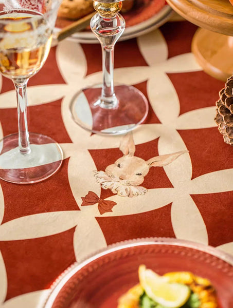 Holiday Red Tablecloth for Dining Table, Rabbit Pattern Table Cover for Dining Room Table, Modern Rectangle Tablecloth for Oval Table-Silvia Home Craft