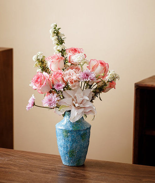Pottery Flower Vases, Modern Bouquet Flower Vases, Centerpiece on Dining Table, Blue Flower Vase on Table, Handmade Water Holding Flower Vases-Silvia Home Craft