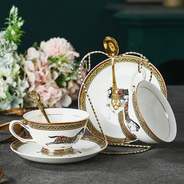 Elegant British Horse Pattern Coffee Cup with Saucer, 7.4 oz Ceramic Tea Cup and Saucer in Gift Box, Porcelain Tea Cup and Saucer Set-Silvia Home Craft