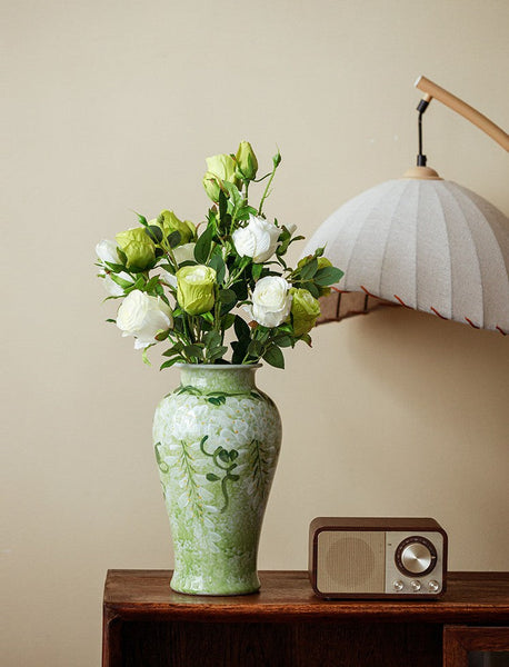 Large Flower Vases on Table, Green Porcelain Flower Vases, Centerpiece Ceramic Bud Vases, Handmade Water Holding Flower Vase-Silvia Home Craft