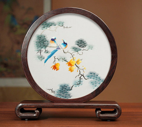 Flower and Bird Embroidery Ornaments, Unique Birthday Gift, Traditional Chinese Suzhou Silk Embroidered Ornament, Premium Souvenir, Exclusive Business Presents-Silvia Home Craft