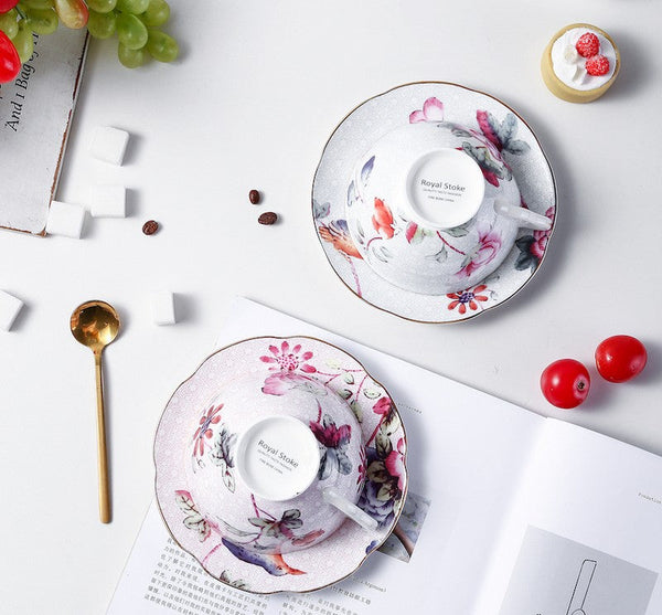 Unique Porcelain Cup and Saucer, Beautiful British Flower Tea Cups, Elegant Ceramic Coffee Cups, Creative Bone China Porcelain Tea Cup Set-Silvia Home Craft