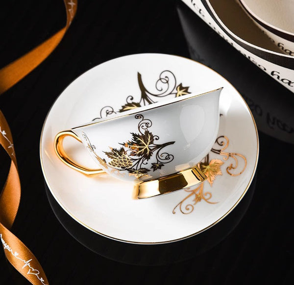 Elegant British Ceramic Coffee Cups, 7.4 oz Golden Leaves and Grapes Porcelain Tea Cup Saucer Set, Unique British Tea Cup and Saucer in Gift Box-Silvia Home Craft