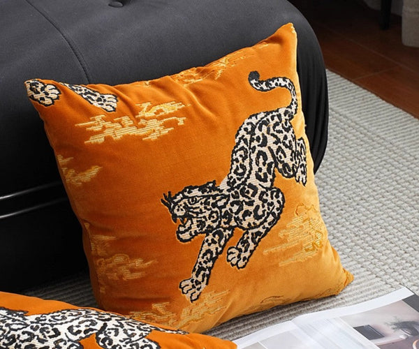 Contemporary Modern Sofa Pillows, Yellow Embroidery Tiger Pattern Pillows for Couch, Decorative Throw Pillows for Bedroom, Large Modern Sofa Pillow for Living Room-Silvia Home Craft