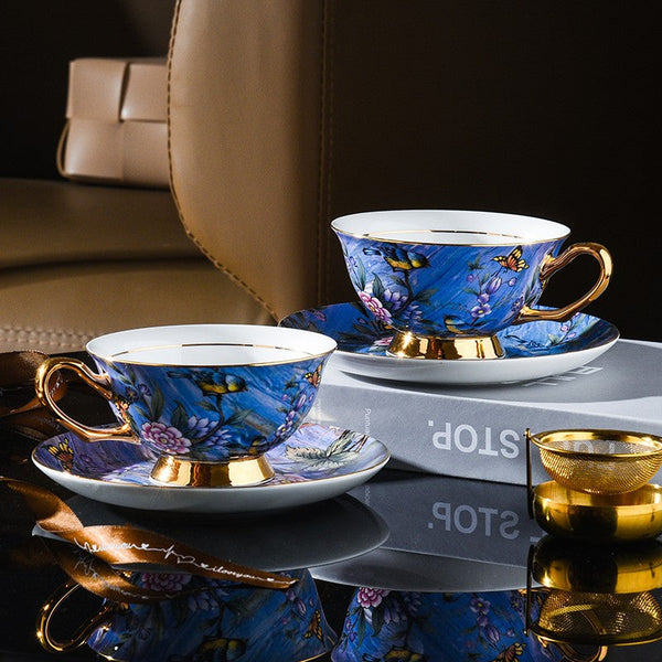 Unique British Tea Cup and Saucer in Gift Box, Blue Bird and Butterfly Porcelain Tea Cup Saucer Set, 7.4 oz British Ceramic Coffee Cups-Silvia Home Craft