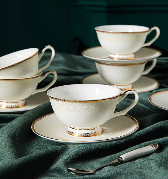 Elegant British Ceramic Coffee Cups, 7.8 oz Porcelain Coffee Cup Set, White Ceramic Cups, Unique Tea Cup and Saucer in Gift Box-Silvia Home Craft