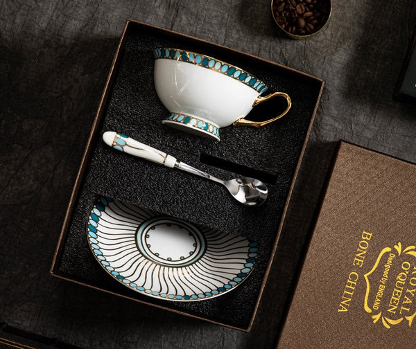 Unique Tea Cup and Saucer in Gift Box, 8 oz British Ceramic Coffee Cups, Porcelain Tea Cup Set for Office, Green Ceramic Cups-Silvia Home Craft