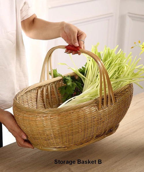 Natural Hand-woven Bamboo Basket, Extra Large Picnic Food Basket with Handle, Lovely Bamboo Baskets for Vegetable, Natural Fruit Basket Kitchen Storage Baskets-Silvia Home Craft