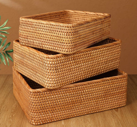 Rectangular Storage Basket for Living Room, Small Kitchen Storage Baskets, Woven Storage Baskets, Rattan Storage Baskets for Shelves-Silvia Home Craft