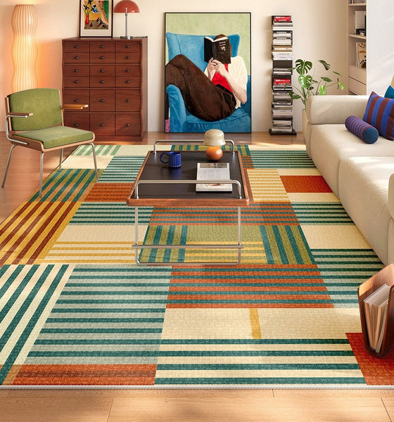 Geometric Rugs for Bedroom, Modern Living Room Rug Placement Ideas, Colorful Contemporary Carpets for Apartment, Modern Rugs for Small Space-Silvia Home Craft