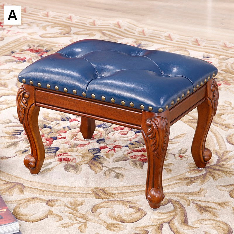 Vanity Stool, Genuine Leather Solid Wood Entry Bench, Solid Wood Ottoman, Rubberwood Entry Bench, Vintage Entry Stool-Silvia Home Craft