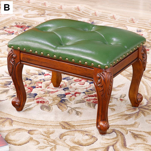 Vanity Stool, Genuine Leather Solid Wood Entry Bench, Solid Wood Ottoman, Rubberwood Entry Bench, Vintage Entry Stool-Silvia Home Craft