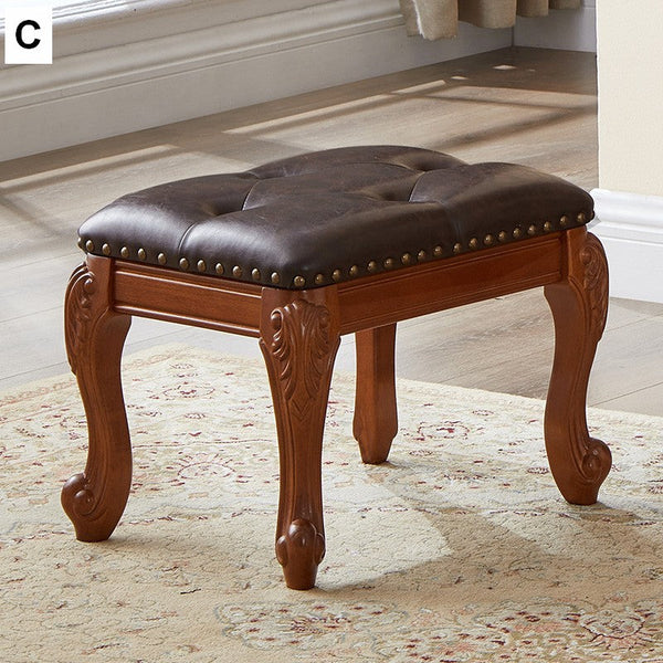 Vanity Stool, Genuine Leather Solid Wood Entry Bench, Solid Wood Ottoman, Rubberwood Entry Bench, Vintage Entry Stool-Silvia Home Craft