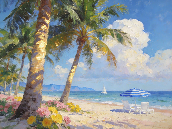 Small Landscape Paintings, Sunlit Tropical Shore, Flowers, Lounge Chairs and Calm Seas, On Canvas Small Paintings, Original Wall Art Paintings, Original Artwork Small Paintings, Impasto Artwork, Small Wall Paintings-Silvia Home Craft