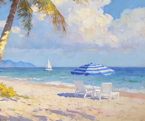 Small Landscape Paintings, Sunlit Tropical Shore, Flowers, Lounge Chairs and Calm Seas, On Canvas Small Paintings, Original Wall Art Paintings, Original Artwork Small Paintings, Impasto Artwork, Small Wall Paintings-Silvia Home Craft