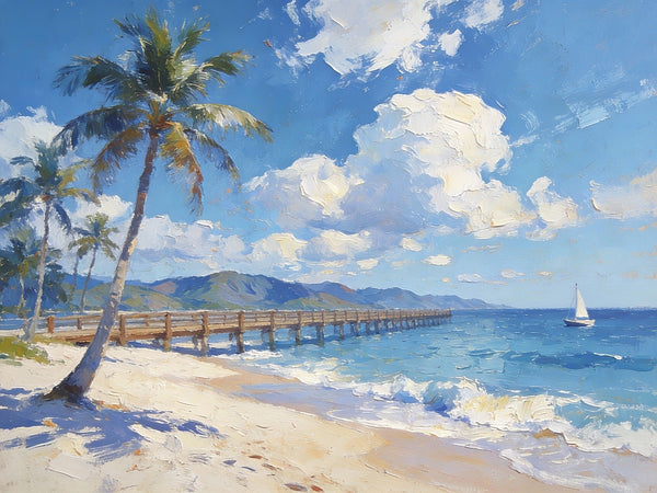 Small Oil Paintings on Canvas, A Sunny Florida Beach, Small Wall Paintings, Landscape Canvas Paintings, Hand Painted Artwork, Original Oil Paintings-Silvia Home Craft