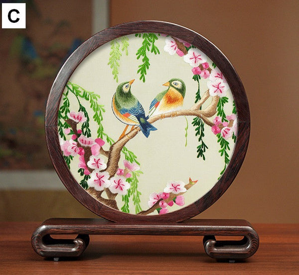 Creative Birthday Gift, Premium Souvenir, Elegant Silk Embroidery Ornaments, Traditional Chinese Suzhou Flower and Birds Silk Embroidery, Exclusive Business Presents-Silvia Home Craft