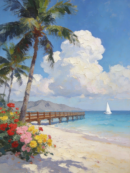 Landscape Canvas Paintings, A Coastal Scene with Blossoms and Blue Waters, Original Artwork Small Paintings, Hand Painted Canvas Art, On Canvas Small Paintings, Palette Knife Artwork-Silvia Home Craft