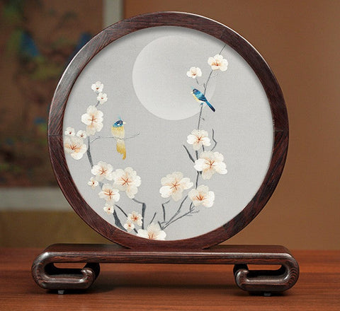 Premium Souvenir, Creative Birthday Gift, Elegant Silk Embroidery Ornaments, Traditional Chinese Suzhou Flower and Birds Silk Embroidery, Exclusive Business Presents-Silvia Home Craft
