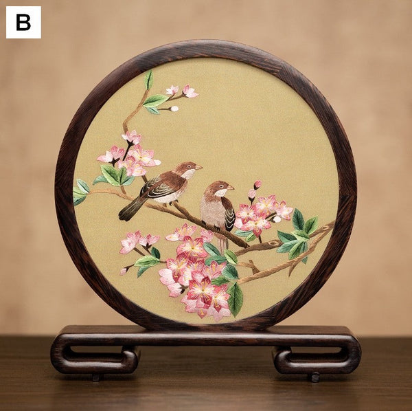 Exclusive Business Present, Flower and Bird Embroidered Decor, Unique Birthday Gift, Traditional Chinese Suzhou Embroidery Ornament, Premium Souvenir-Silvia Home Craft