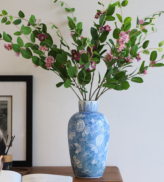 Large Flower Vases on Dining Table, Blue Porcelain Flower Vases, Centerpiece Ceramic Bouquet Vases, Handmade Modern Flower Vase-Silvia Home Craft