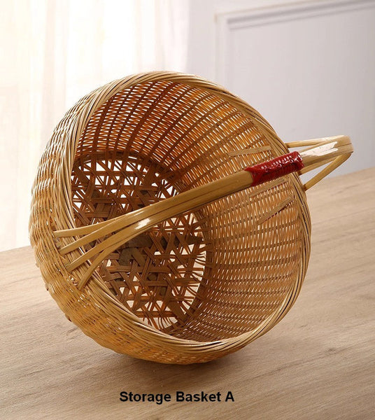 Natural Hand-woven Bamboo Basket, Extra Large Picnic Food Basket with Handle, Lovely Bamboo Baskets for Vegetable, Natural Fruit Basket Kitchen Storage Baskets-Silvia Home Craft