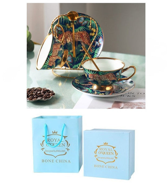 Creative Leopard Ceramic Coffee Cups, 6.8 oz Tea Cup and Saucer in Gift Box as Birthday Gift, Beautiful British Tea Cups, Creative Porcelain Tea Cup Set-Silvia Home Craft