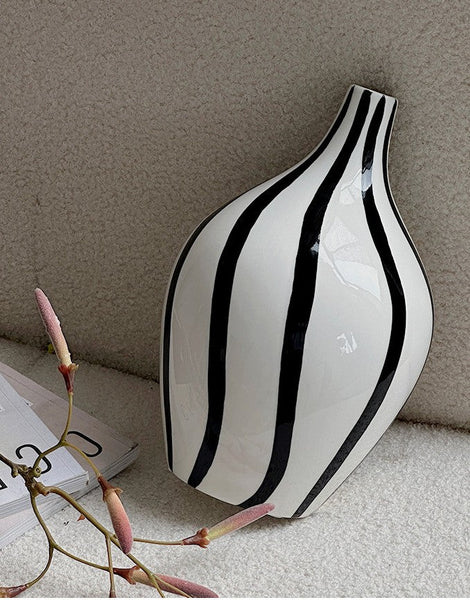 Water Holding Flower Vases, Black and White Striped Ceramic Vase, Porcelain Flower Vases, Modern Flower Vases on Table-Silvia Home Craft