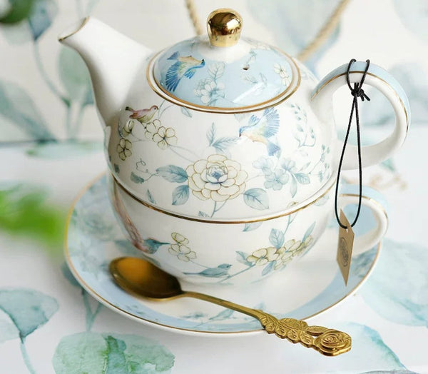 Stackable Teapot and Cup Set, Ceramic Tea Pot with Integrated Cup, Porcelain Teapot with Matching Cup and Saucer in Gift Box, Mother-and-Baby Teapot with Matching Saucer-Silvia Home Craft