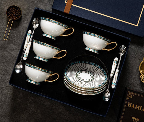 Unique Tea Cup and Saucer in Gift Box, Elegant British Ceramic Coffee Cups, Bone China Porcelain Tea Cup Set for Office, Green Ceramic Cups-Silvia Home Craft