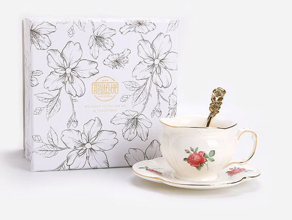 British Royal Ceramic Cups for Traditional Afternoon Tea, 7.4 oz Ceramic Coffee Cups, Rose Porcelain Tea Cup Saucer Set, 6.8 oz Tea Cup and Saucer in Gift Box-Silvia Home Craft