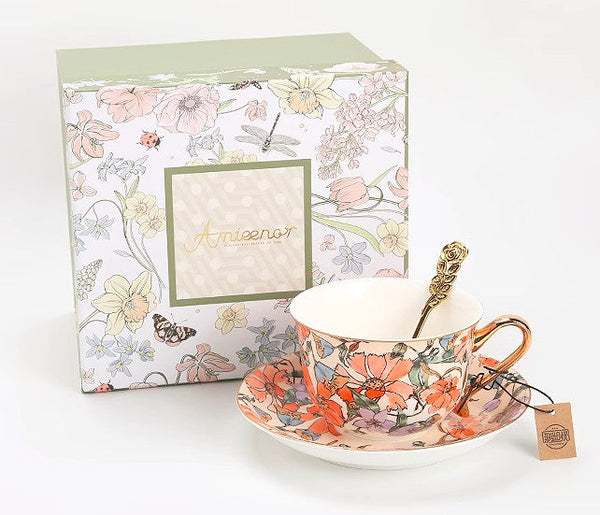 Elegant Ceramic Coffee Cups, Flower Porcelain Tea Cup Saucer Set, British Royal Ceramic Cups for Traditional Afternoon Tea, Unique Tea Cup and Saucer in Gift Box-Silvia Home Craft
