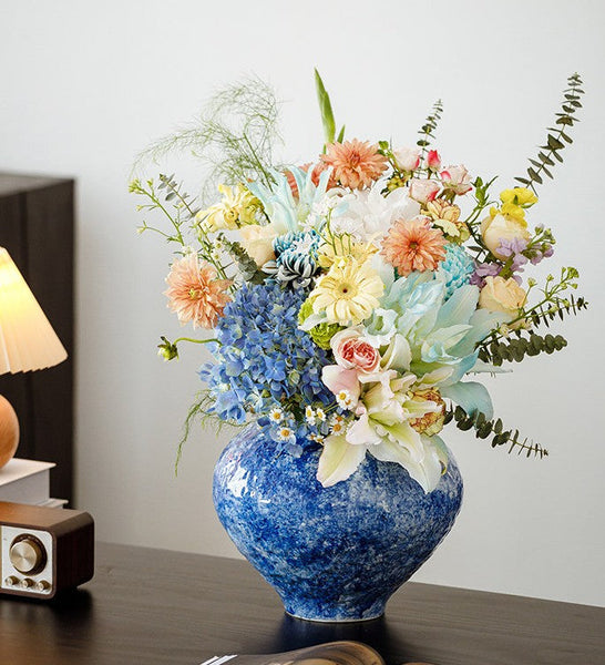 Modern Pottery Flower Vases, Handmade Water Holding Flower Vases, Centerpiece on Dining Table, Blue Pottery Bud Vases, Large Flower Vases on Table-Silvia Home Craft