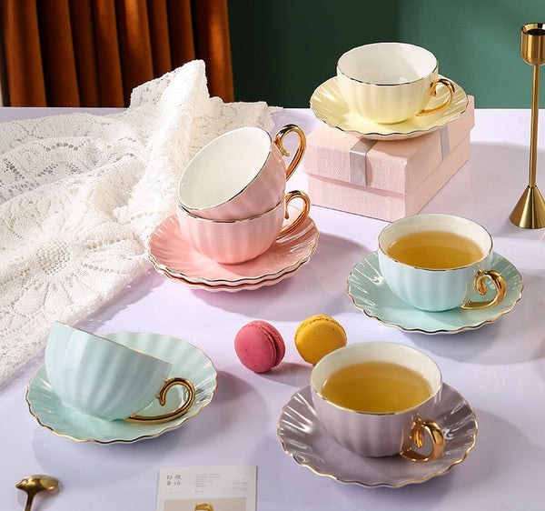 Macaroon Ceramic Coffee Cups, Unique Tea Cups and Saucers in Gift Box as Birthday Gift, Beautiful Elegant British Tea Cups, Creative Porcelain Tea Cup Set-Silvia Home Craft