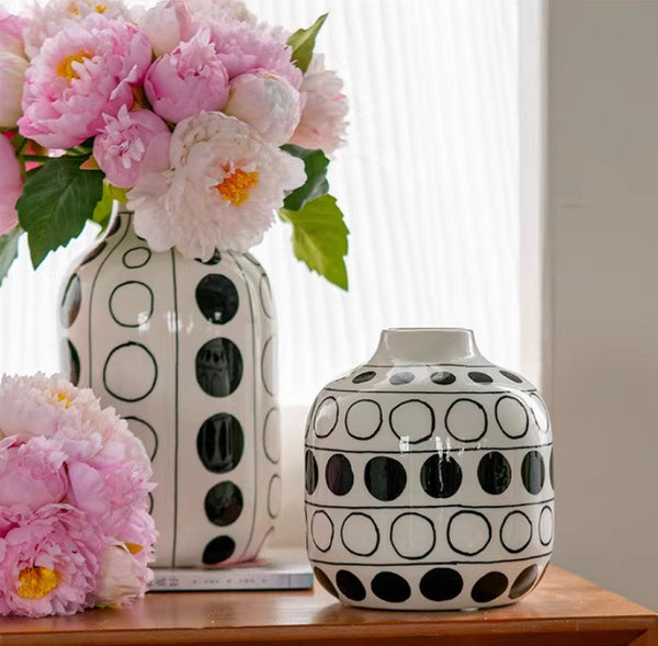 Ceramic Bud Vases, Black and White Polka Dot Flower Vase, Small Flower Vases on Table, Modern Porcelain Flower Vases, Handmade Water Holding Flower Vases-Silvia Home Craft