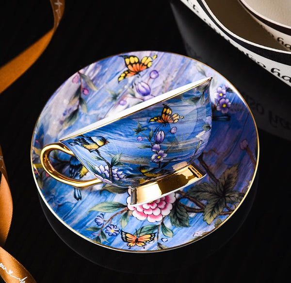 Unique British Tea Cup and Saucer in Gift Box, Blue Bird and Butterfly Porcelain Tea Cup Saucer Set, 7.4 oz British Ceramic Coffee Cups-Silvia Home Craft