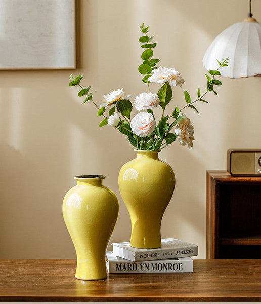 Porcelain Flower Vases, Handmade Water Holding Flower Vase, Yellow Flower Vases on Table, Ceramic Bud Vases-Silvia Home Craft
